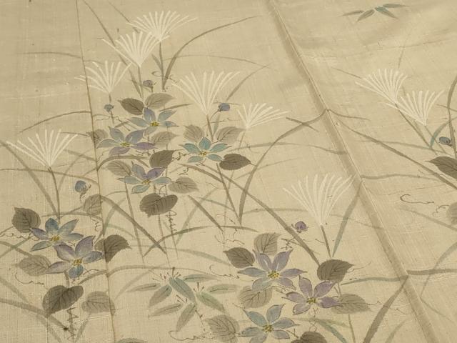 平和屋着物*夏物 訪問着 生紬 手描き 草花文 正絹 逸品 AABJ3334jd