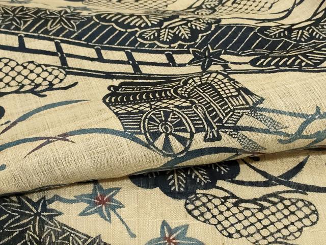 平和屋着物*夏物 小紋 紗紬 藍 型染め 御所車花松文 正絹 逸品 AABJ3336jd