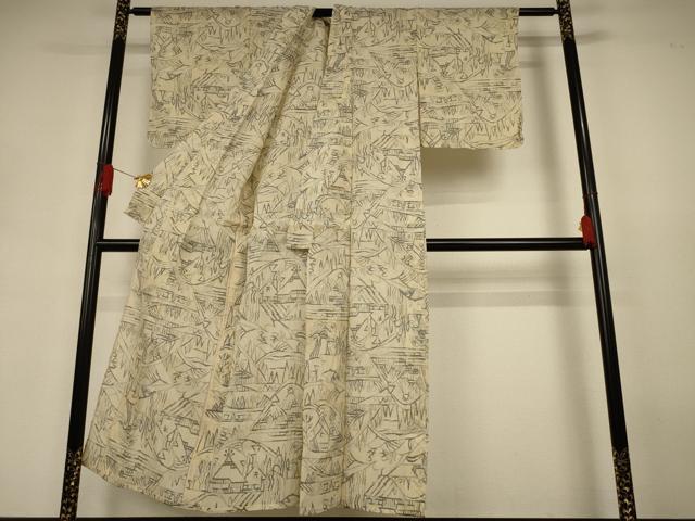 平和屋着物*夏物 小千谷ちぢみ 風景文 麻 逸品 AABJ3392jd
