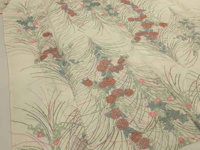 平和屋着物*夏物 小千谷ちぢみ 草花文 麻 逸品 AABJ3397jd