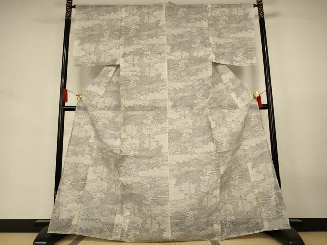 平和屋着物*夏物 本場大島紬 夏大島 白大島 風景文 正絹 逸品 AABJ3425jd