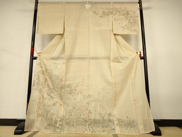 平和屋着物*夏物 訪問着 生紬 手描き 草花文 ロング丈 正絹 逸品 AABJ3434jd