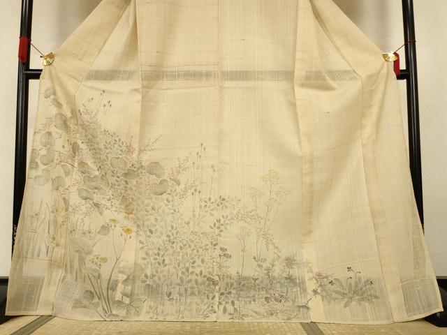 平和屋着物*夏物 訪問着 生紬 手描き 草花文 ロング丈 正絹 逸品 AABJ3434jd