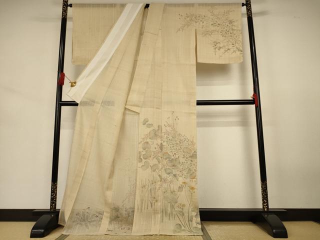 平和屋着物*夏物 訪問着 生紬 手描き 草花文 ロング丈 正絹 逸品 AABJ3434jd
