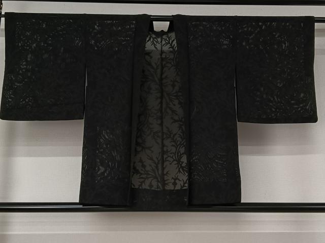 平和屋着物▽羽織 スリーシーズン 春夏秋 塵除け 草葉紋紗 黒地 正絹 逸品 AABJ3450jh