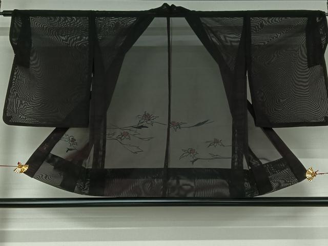 平和屋着物▽羽織 スリーシーズン 春夏秋 塵除け 総刺繍 草花文 黒地 正絹 逸品 AABJ3457jh