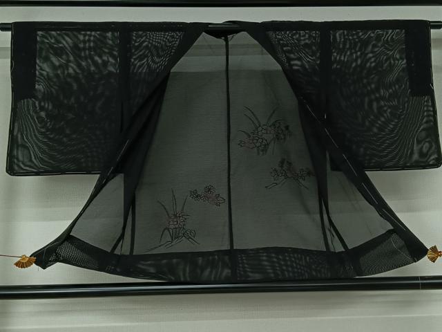 平和屋着物▽羽織 スリーシーズン 春夏秋 塵除け 総刺繍 草花文 黒地 未使用 AABJ3464jh