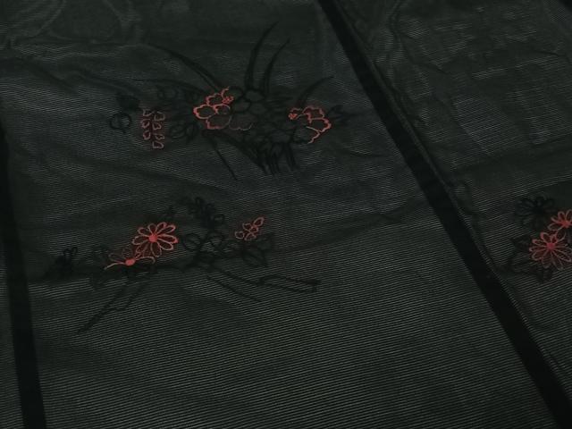平和屋着物▽羽織 スリーシーズン 春夏秋 塵除け 総刺繍 草花文 黒地 未使用 AABJ3464jh