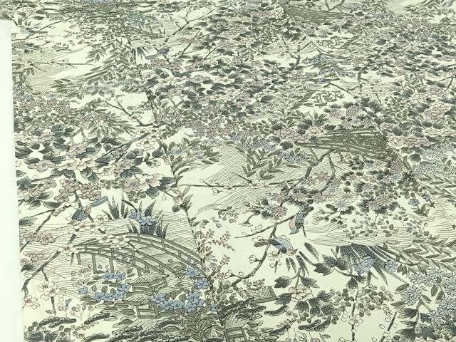 平和屋着物▽上質な小紋 単衣 紬地 手描き 風景花鳥文 正絹 逸品 AABJ3481jh