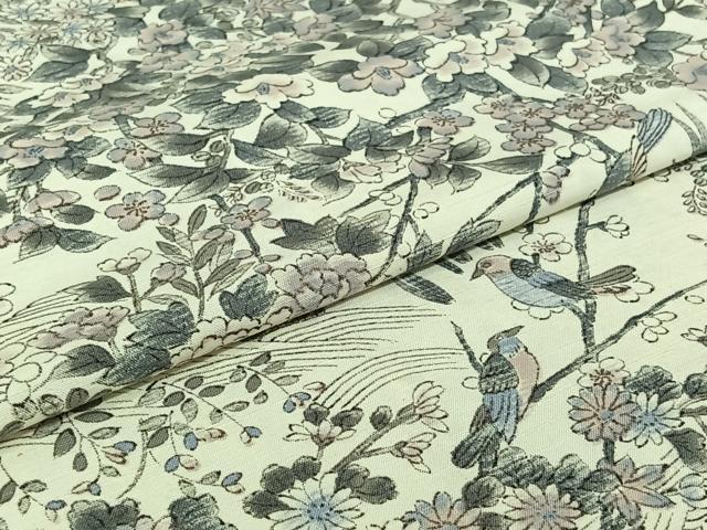 平和屋着物▽上質な小紋 単衣 紬地 手描き 風景花鳥文 正絹 逸品 AABJ3481jh