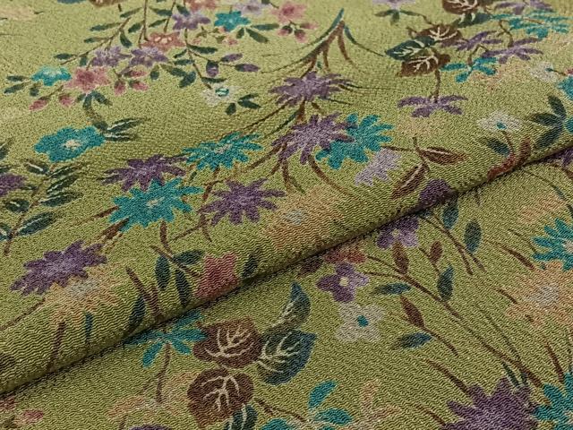 平和屋着物▽上質な小紋 単衣 草花文 鬼しぼ縮緬 正絹 逸品 AABJ3497jh