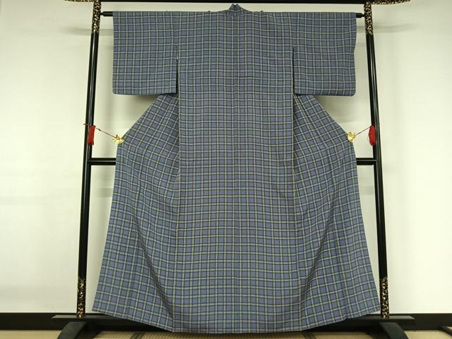 平和屋着物▽上質な小紋 単衣 紬地 格子 正絹 逸品 AABJ3502jh
