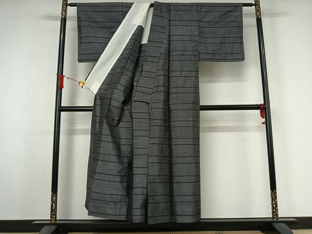 平和屋着物▽本場大島紬 単衣 横段文 黒地 正絹 逸品 AABJ3516jh