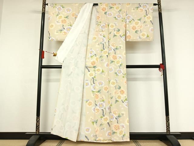 平和屋着物▽上質な小紋 単衣 友禅 枝花文 正絹 逸品 AABJ3517jh