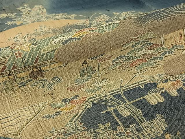 平和屋着物▽染織の名門 しょうざん 生紬 訪問着 単衣 手描き 人物風景文 金彩 正絹 逸品 AABJ3519jh