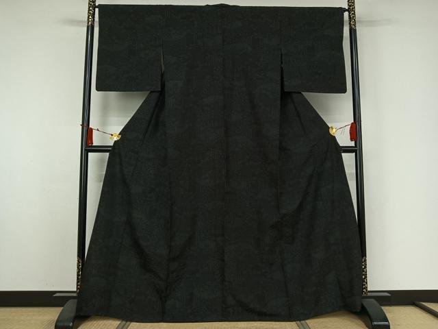 平和屋着物▽結城紬 単衣 100亀甲 風景花文 黒地 正絹 逸品 AABJ3520jh