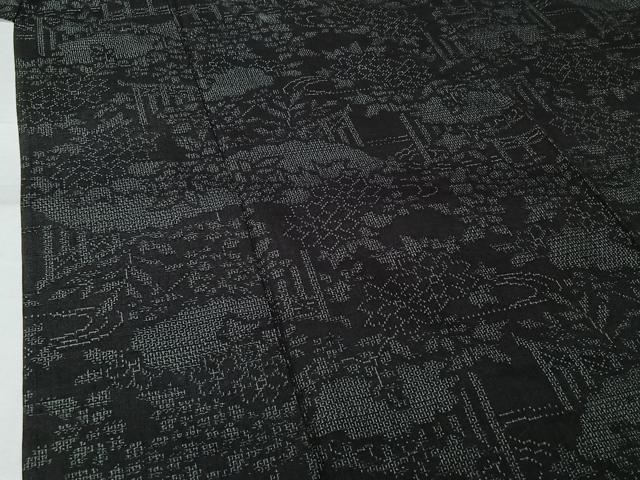 平和屋着物▽結城紬 単衣 100亀甲 風景花文 黒地 正絹 逸品 AABJ3520jh