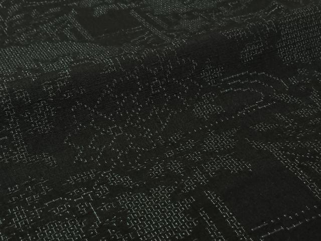 平和屋着物▽結城紬 単衣 100亀甲 風景花文 黒地 正絹 逸品 AABJ3520jh