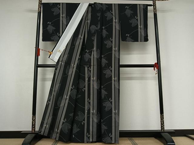 平和屋着物▽山野愛子 小紋 単衣 舞蝶文 黒地 洗える着物 未使用 AABJ3522jh