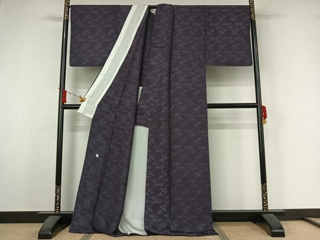 平和屋着物▽上質な色無地 単衣 作家物 流水笹の葉地紋 褐色 ロング丈 正絹 逸品 AABJ3528jh