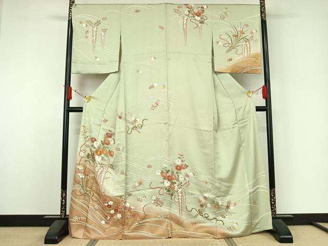 平和屋着物▽訪問着 単衣 駒刺繍 流水花文 暈し染め 金彩 正絹 逸品 AABJ3531jh