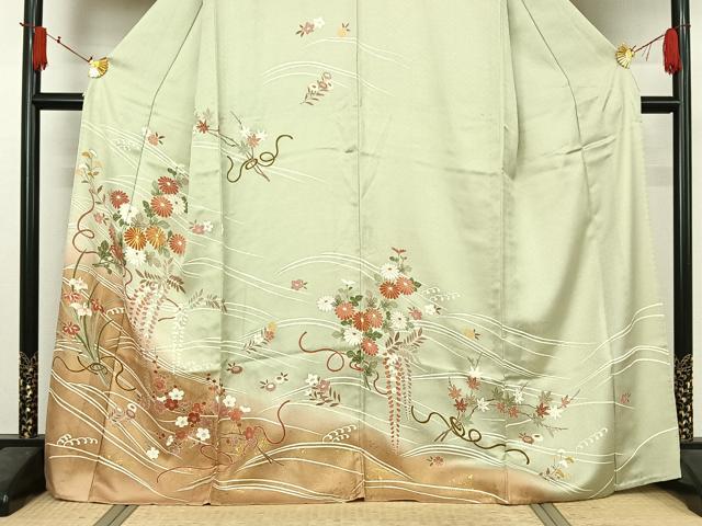平和屋着物▽訪問着 単衣 駒刺繍 流水花文 暈し染め 金彩 正絹 逸品 AABJ3531jh