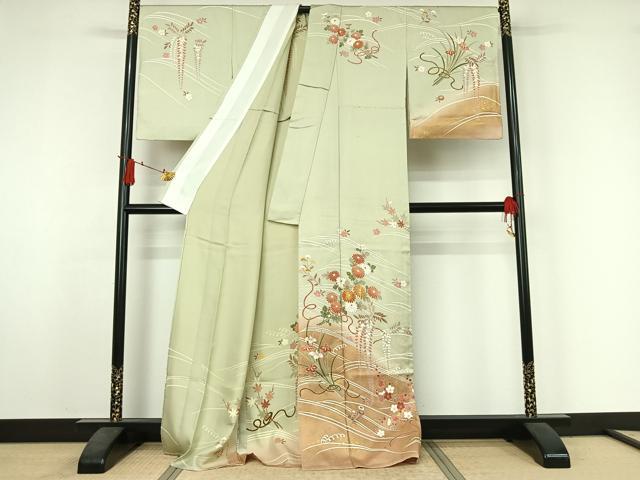 平和屋着物▽訪問着 単衣 駒刺繍 流水花文 暈し染め 金彩 正絹 逸品 AABJ3531jh