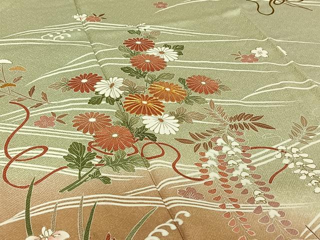 平和屋着物▽訪問着 単衣 駒刺繍 流水花文 暈し染め 金彩 正絹 逸品 AABJ3531jh