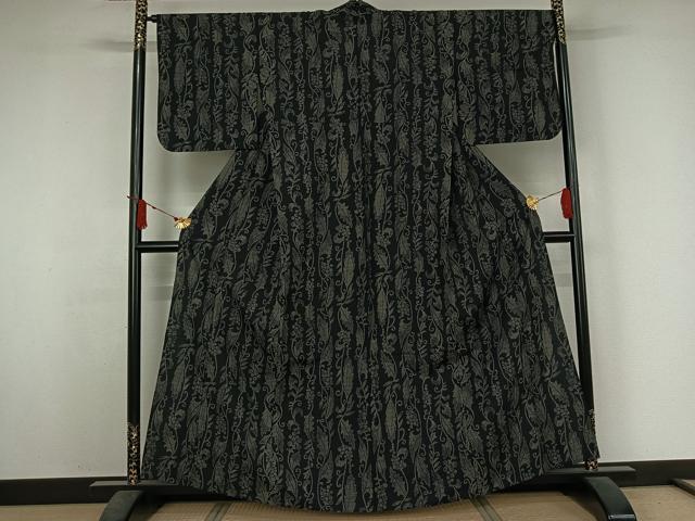 平和屋着物▽小紋 単衣 葡萄唐草文 黒地 AABJ3537jh