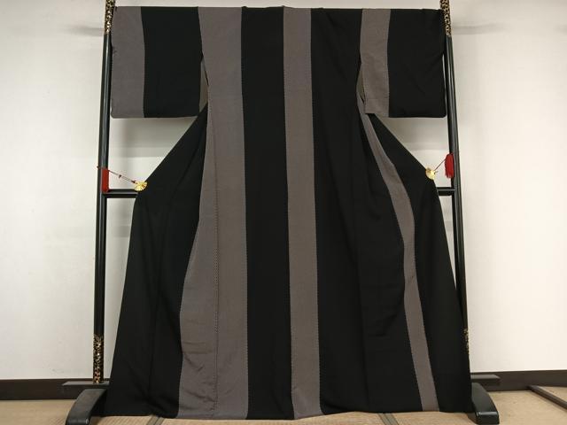 平和屋着物▽上質な小紋 単衣 斜縞 黒地 正絹 逸品 AABJ3540jh