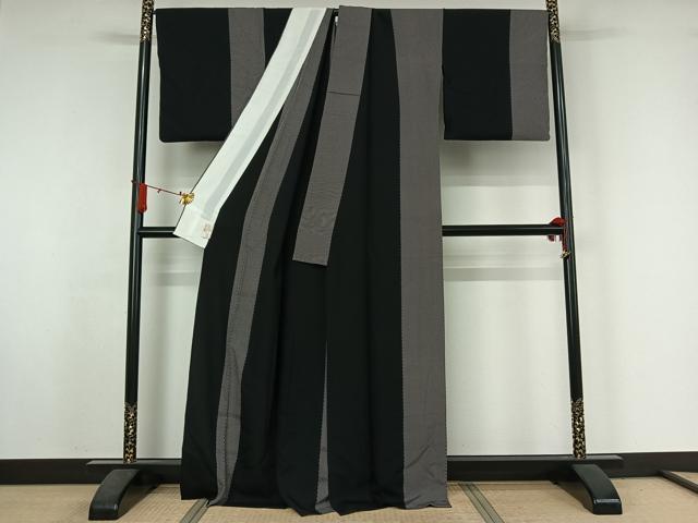 平和屋着物▽上質な小紋 単衣 斜縞 黒地 正絹 逸品 AABJ3540jh