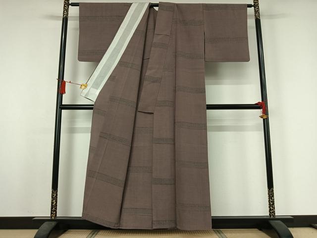 平和屋着物▽本塩沢 単衣 横段文 正絹 逸品 AABJ3545jh