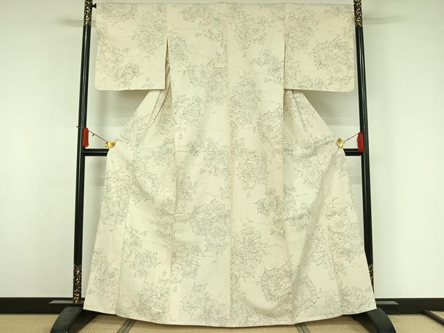 平和屋着物▽上質な小紋 単衣 紬地 手描き 草花文 正絹 逸品 AABJ3552jh