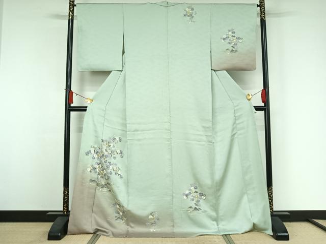 平和屋着物▽訪問着 単衣 駒刺繍 流水花文 暈し染め ロング丈 正絹 逸品 AABJ3554jh