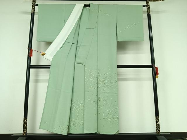 平和屋着物▽訪問着 単衣 総刺繍 吹き寄せ文 錆青磁色 金糸 正絹 逸品 AABJ3555jh