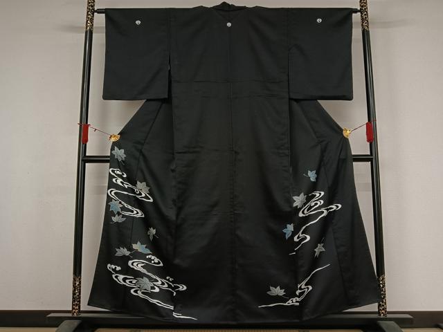 平和屋着物▽黒留袖 単衣 竜田川文 金彩 洗える着物 AABJ3557jh