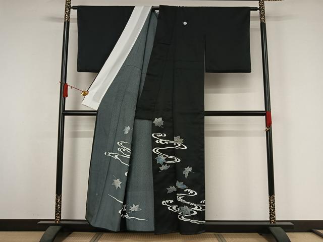 平和屋着物▽黒留袖 単衣 竜田川文 金彩 洗える着物 AABJ3557jh