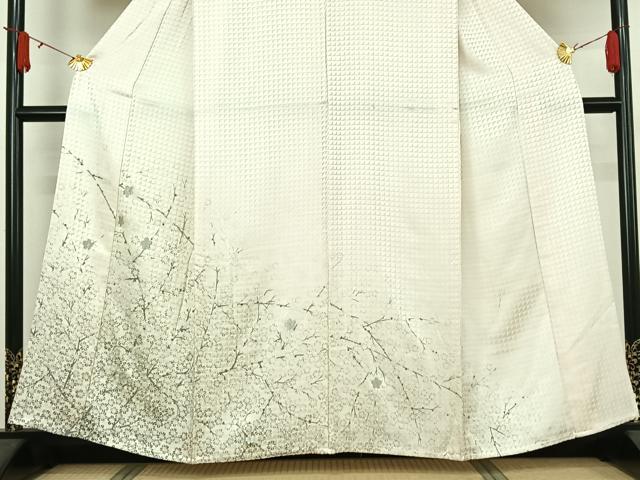 平和屋着物▽訪問着 単衣 手描き 刺繍 枝花文 金糸 正絹 逸品 AABJ3558jh