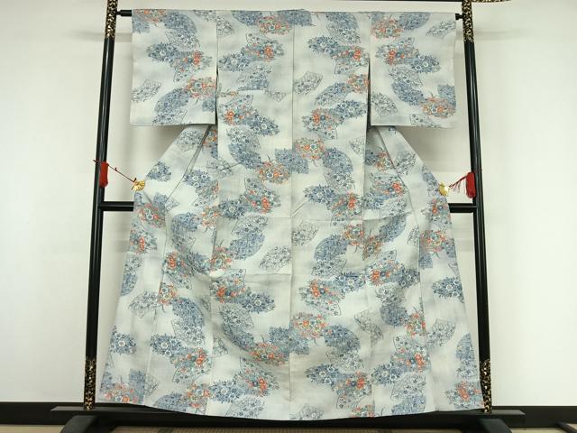 平和屋着物▽小千谷紬 単衣 地紙花文 正絹 逸品 AABJ3569jh