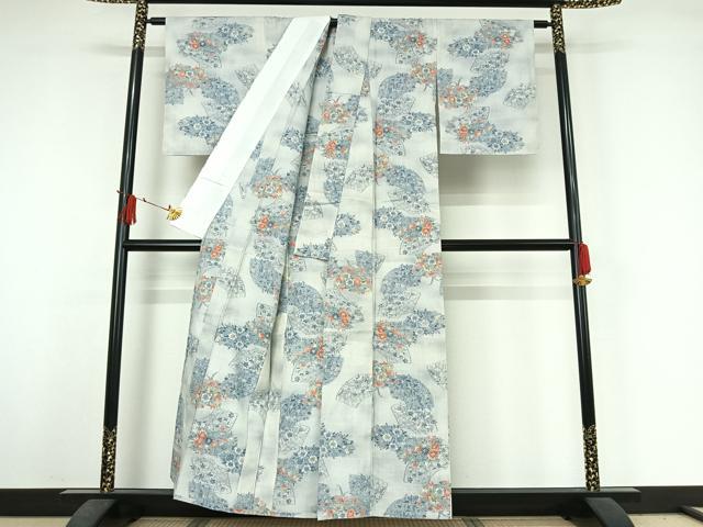 平和屋着物▽小千谷紬 単衣 地紙花文 正絹 逸品 AABJ3569jh