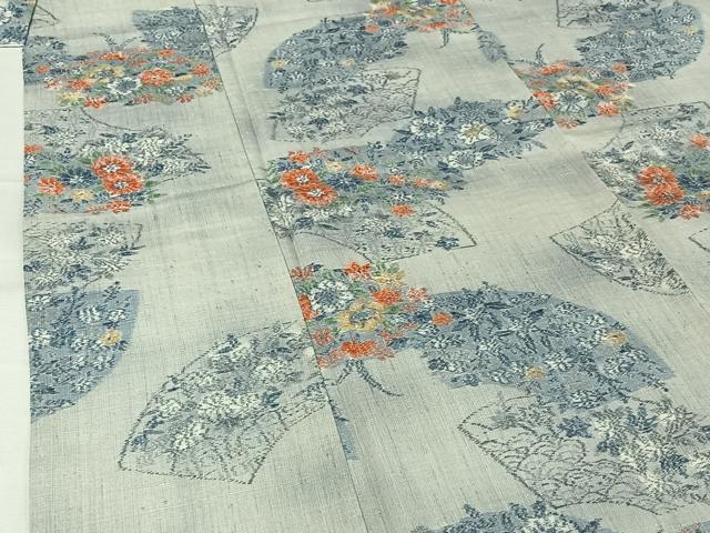 平和屋着物▽小千谷紬 単衣 地紙花文 正絹 逸品 AABJ3569jh