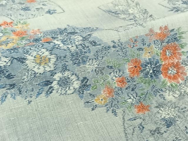 平和屋着物▽小千谷紬 単衣 地紙花文 正絹 逸品 AABJ3569jh