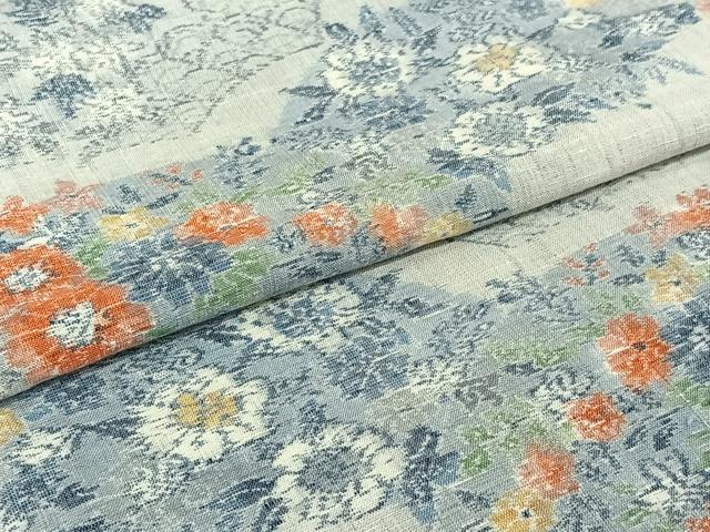 平和屋着物▽小千谷紬 単衣 地紙花文 正絹 逸品 AABJ3569jh