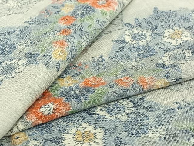 平和屋着物▽小千谷紬 単衣 地紙花文 正絹 逸品 AABJ3569jh