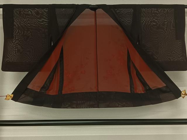 平和屋着物▽羽織 スリーシーズン 春夏秋 塵除け 枝花文 黒地 正絹 逸品 AABJ3611jh