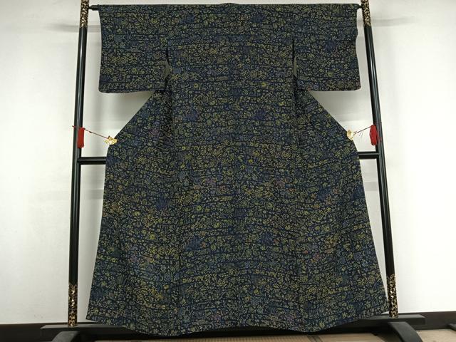 平和屋着物▽上質な小紋 単衣 更紗花文 正絹 逸品 AABJ3639jh