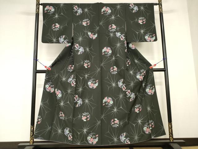 平和屋着物■小紋 花丸文 黒地 洗える着物 AABJ3671br
