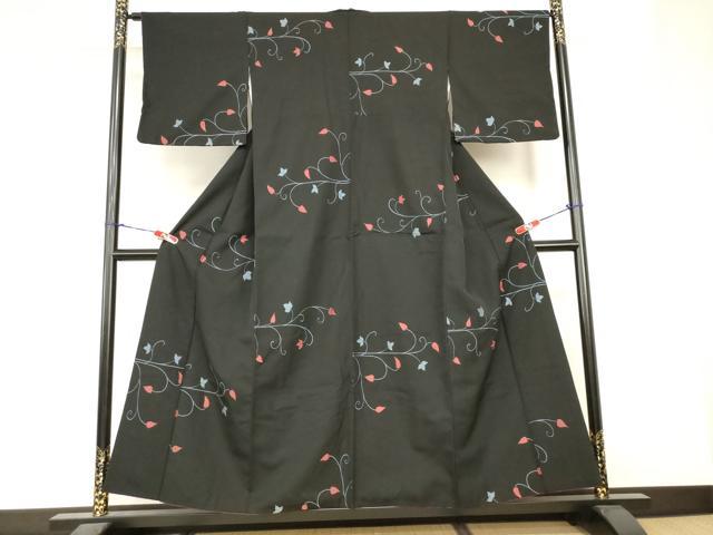 平和屋着物■小紋 花唐草文 黒地 洗える着物 AABJ3674br
