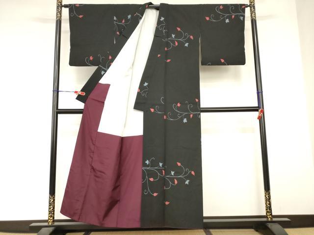 平和屋着物■小紋 花唐草文 黒地 洗える着物 AABJ3674br