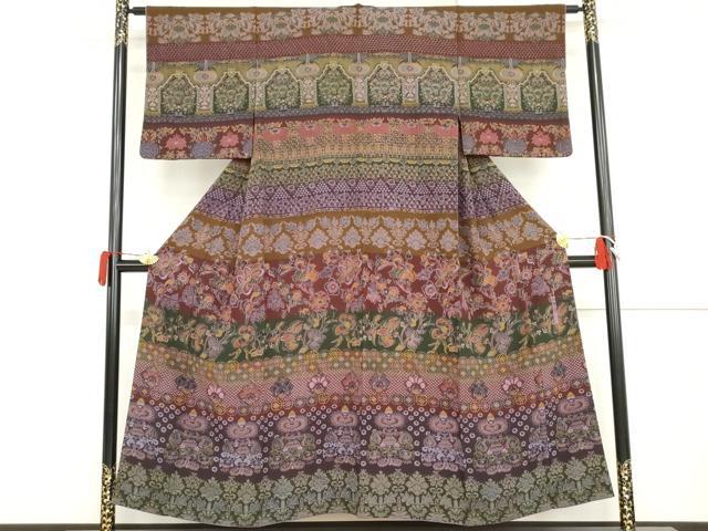 平和屋着物●前田仁仙 仁仙更紗 訪問着 更紗横段文 正絹 逸品 AABJ3685cs